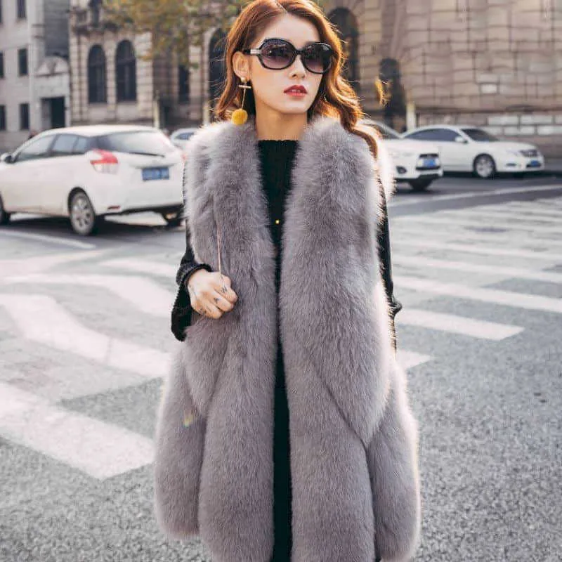 The Fur Vest Vrouwen Imitatie High Street Mid-Length Groot Maat Jas Gilet Coat Herfst Winter Vrouw 210526