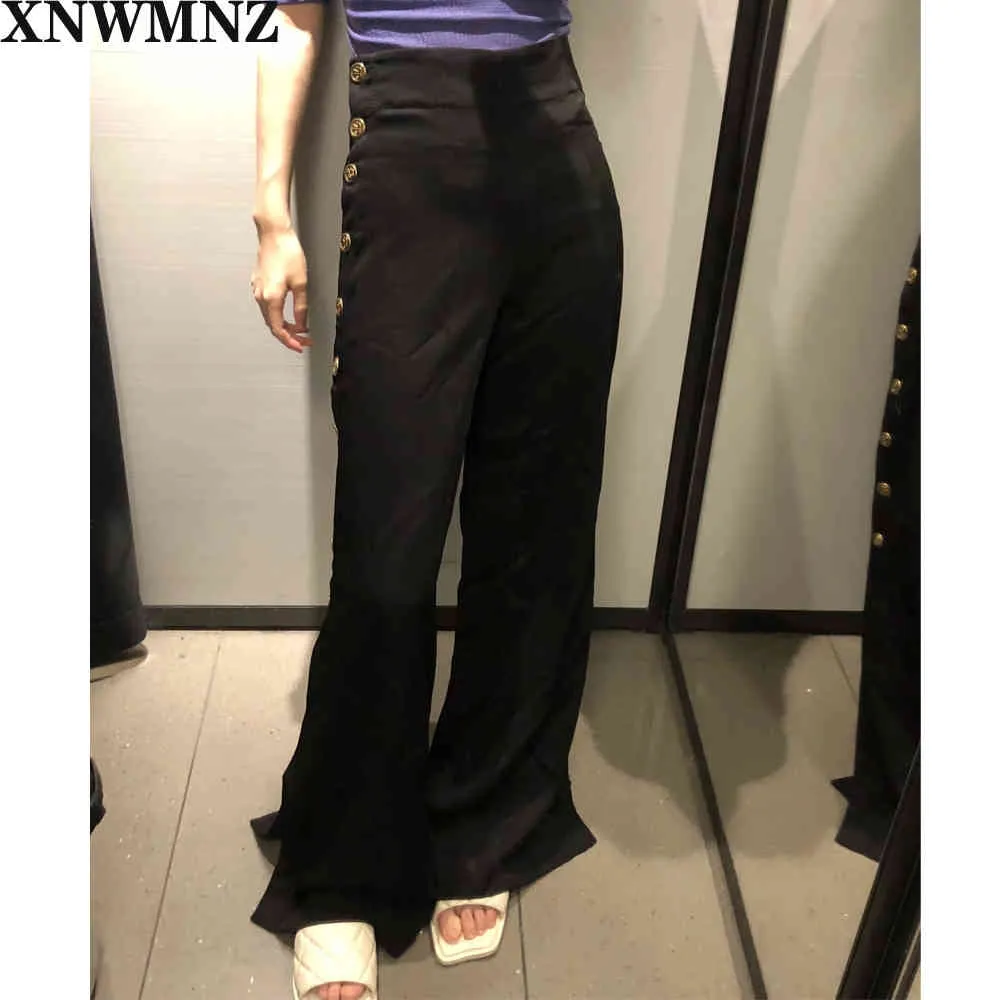 women Fashion buttoned palazzo trousers High-waist wide-leg featuring metal buttons on the sides Female chic 210520