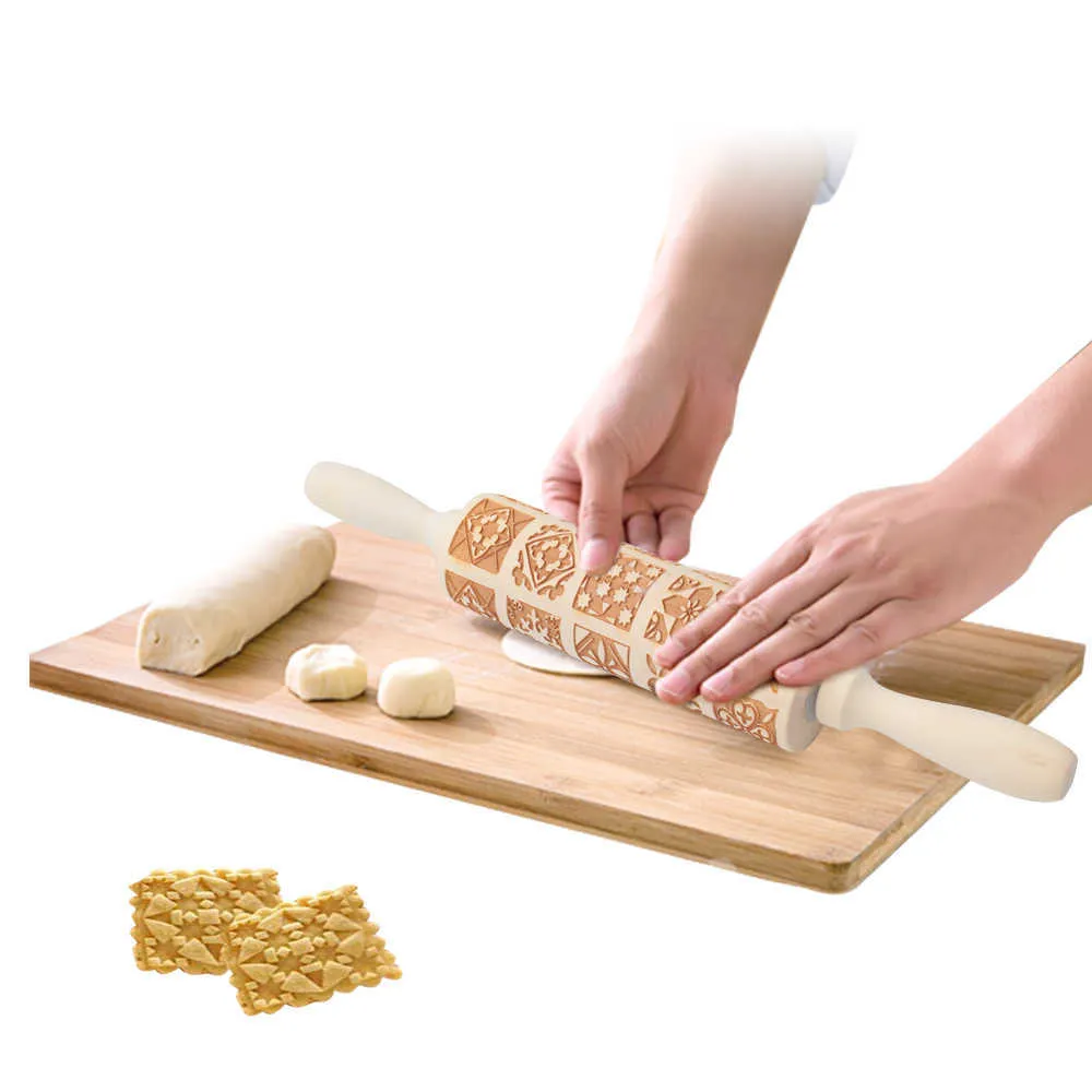 35 * 5 CM Kerstmis Sneeuwvlok Wijnstok Embossing Rolling Pin DIY Bakken Cookie Noodle Biscuit Fondant Cake Dough Houten Gegraveerde Roller 211008