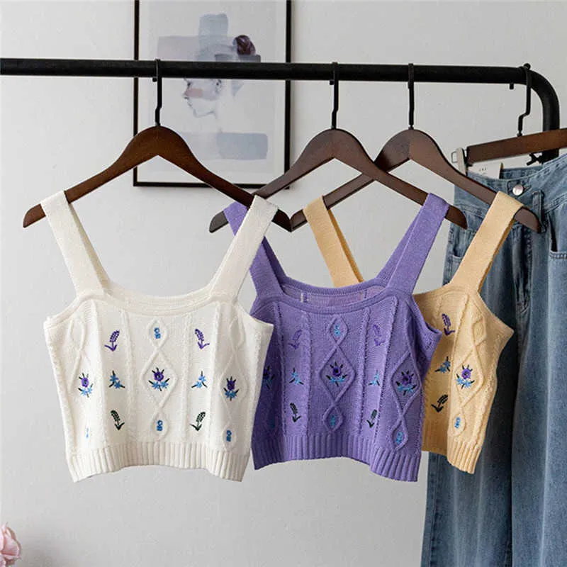 Pearl Diary Women Knitted Crop Camis Top Ladies Floral Embroidery Knitted Short Vest Summer Sweater Vintage Tank Crop Camis Top Y0622