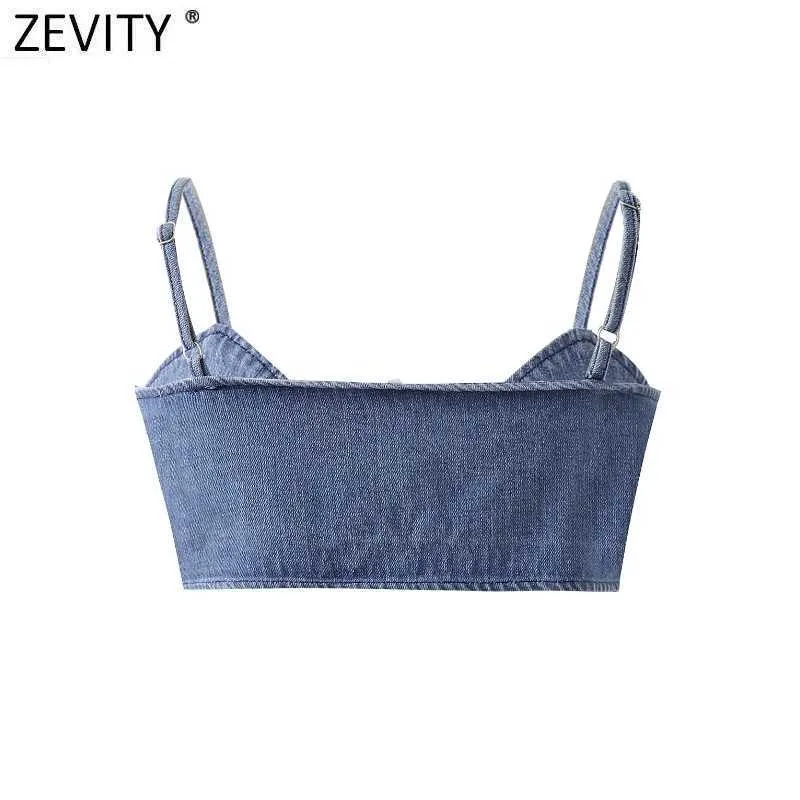 Zevity femmes Spaghetti sangle Sexy nœud noué Chic court Denim Camis réservoir dames été mince culture fronde hauts LS9059 210603