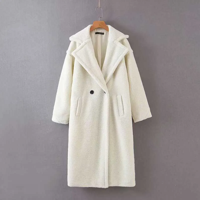 Deux boutons hiver femmes fausse fourrure de lapin manteau épais long pardessus lâche revers veste chaude femme manteaux en peluche 210607