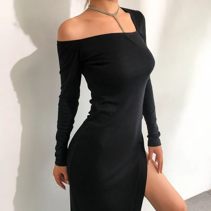 Kimutomo Off One Shoulder Asymmetrical Collar Dress Women Fashion Ladies Long Sleeve Solid Split Black Dress Spring 210521