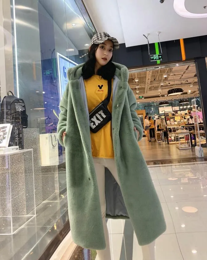 Oversize Winter Warm hooded Large size Long Solid color Faux Fur Coat Casual sleeve Women Jacket Outwear 210429