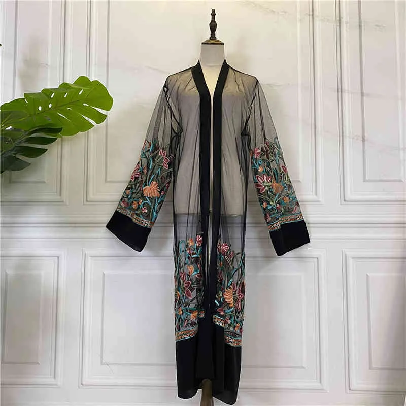 Plus Size Long Shirt Women Kimono Mujer Floral Embroidery Chiffon Mesh Blouse Cardigan Clothing Ropa Vetement Robe Chemise Femme 210323