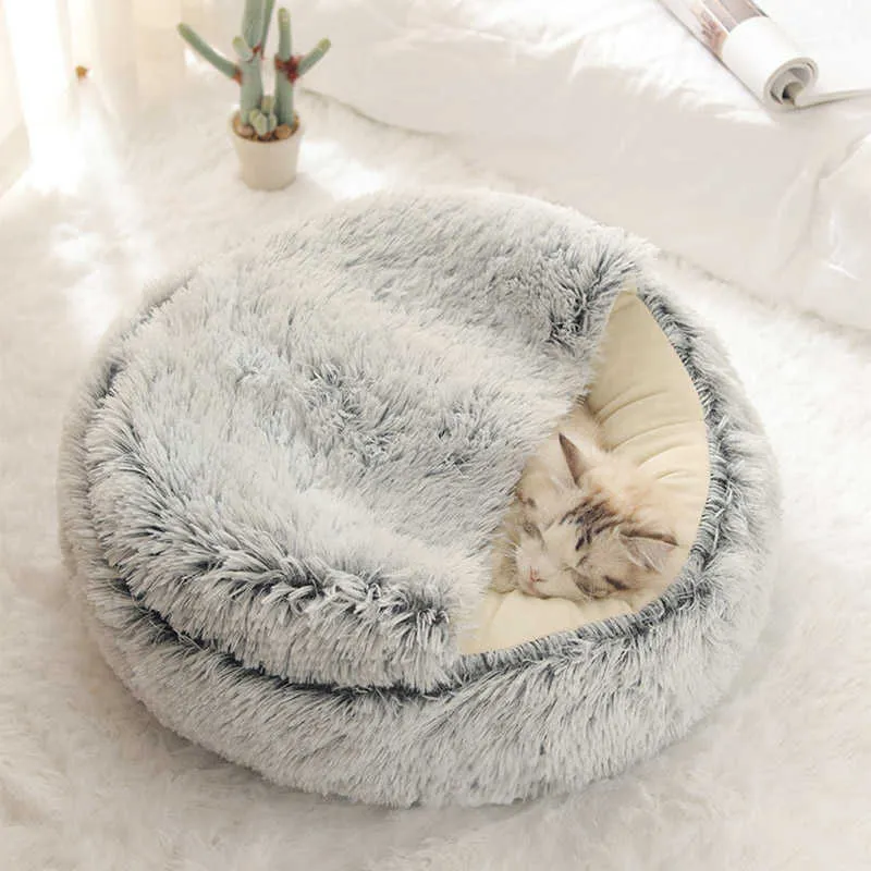 長い豪華な猫のベッド暖かい快適なラウンドキャットハウス2猫のための1つのウォーム睡眠袋快適なペットベッドのためのペットのベッド210722