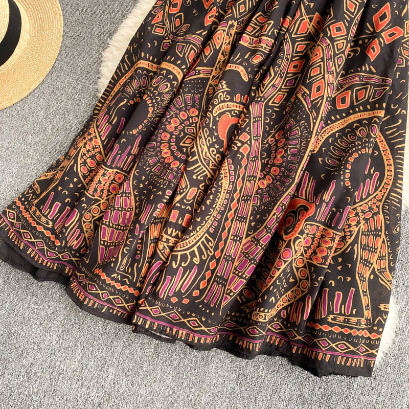 Retro Ethnic Print Skirt High Waist Slimming Mid-length Vacation All-match Female Summer Dress GK708 210507