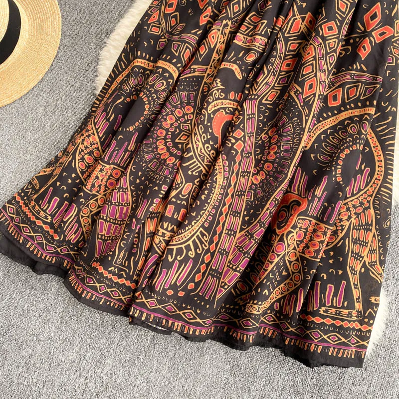 Retro etnische print rok hoge taille afslanken Mid-length vakantie All-match vrouwelijke zomerjurk GK708 210507