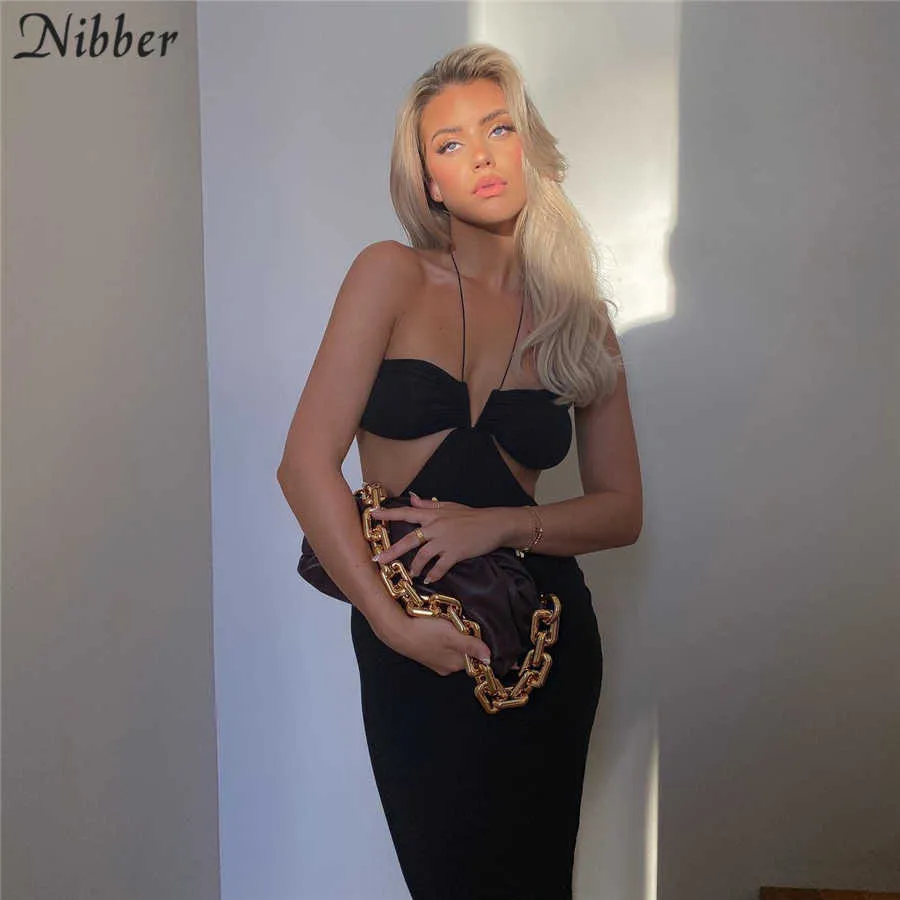 Nibber Traf Tinta unita Abito lungo Donna Casual Halter Neck Cinghie Vita esposta Summer Sundresses Elegante Party Sexy Robe Y0823