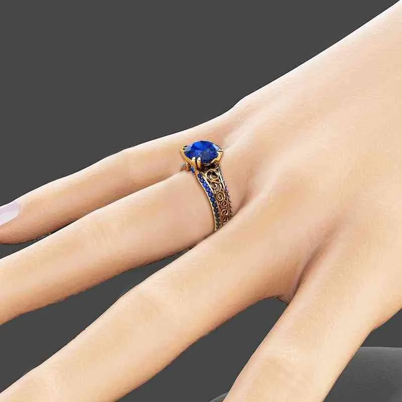 Blue Sapphire Flower Ring 14k Gold Color Diamond Bizuteria Peridot Anillos de Gemstone Ruby 1Carat Dainty Cirle Ringen voor Dames 211217