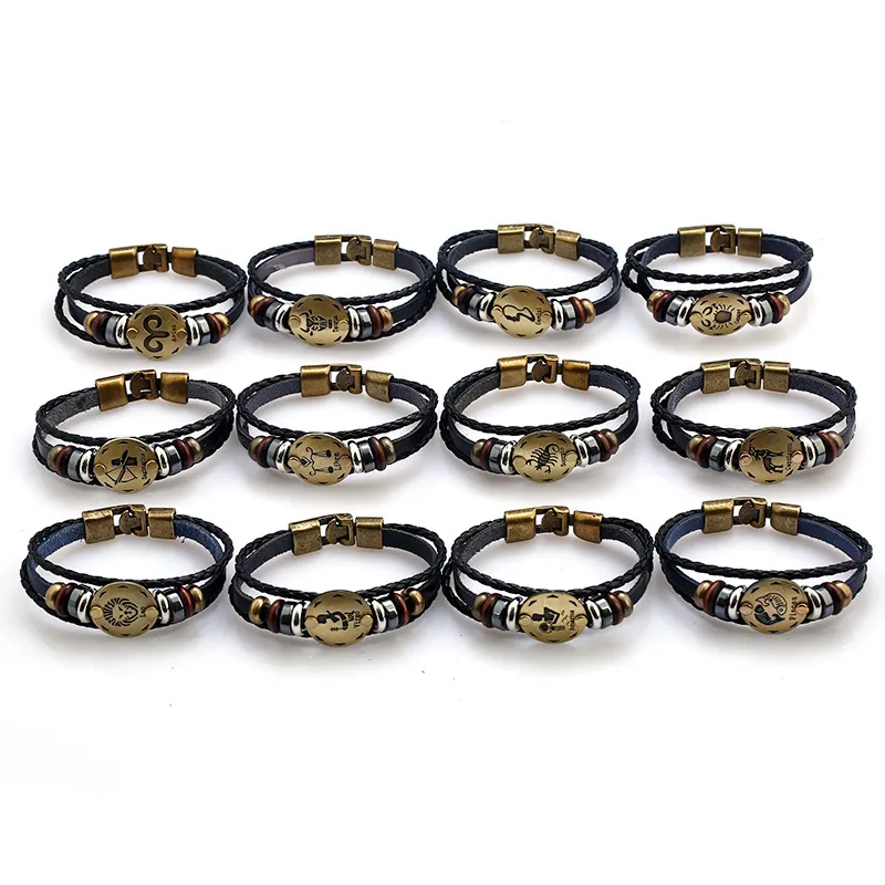 Bracciale con fili di perline zodiacali donna Uomo 12 costellazioni Bracciali in pelle intrecciata a mano Polsino con catena punk intrecciata Lunghezza 22,5 cm