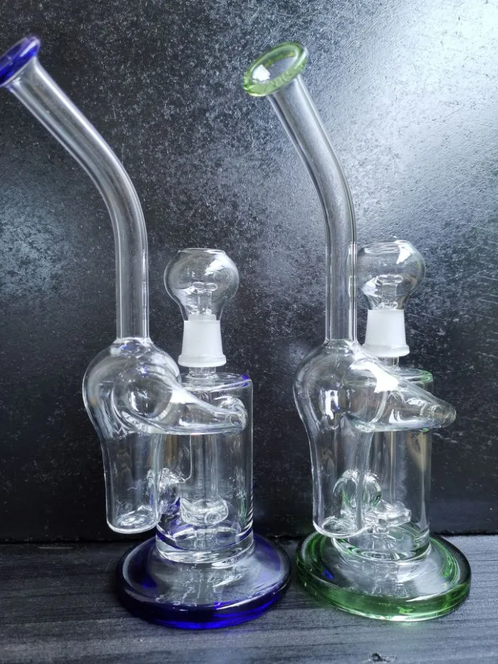 Heady Glass Bongs Recycler Bong Unique Green Blue Sidecar Hookahs Water Pipes Showerhead Perc Percolator Oil Dab Rigs 14.4mm Joint sestshop