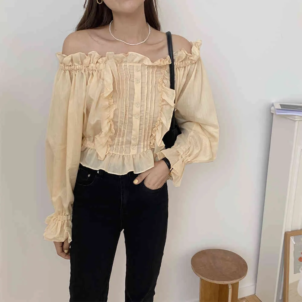 Zachte Ruches Slash Neck Office Lady Vintage Flare Mouwen Tops Retro Chic Losse All Match Streetwear Blouses 210525