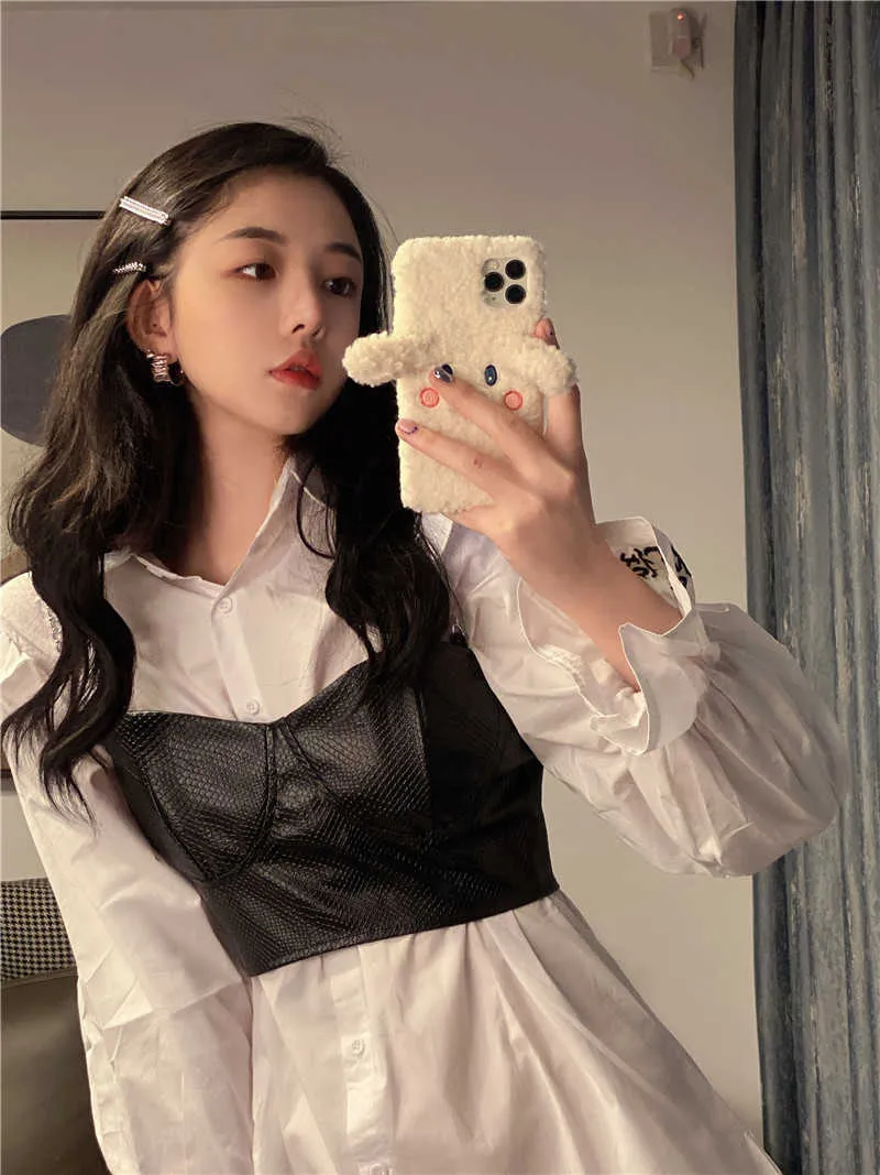 Wild Matching Sets Casual Ruffles White Turn Down Collar Flare Sleeve Shirts Dress Women Mini + Black PU Leather Camisole Tops 210610