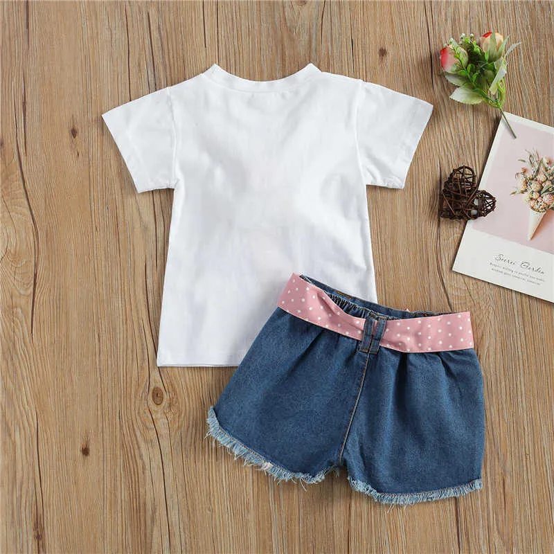 2 adet Kız Giyim Setleri Yaz 2-7Y Çocuklar Kawaii Dondurma Desen Tops Denim Şort Takım Bebek Pamuk Çocuk Giysileri Kıyafetler X0902