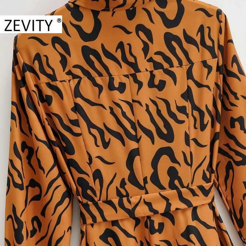 Zevity女性ヴィンテージ虎パターンプリント弓サッシシャツドレスオフィスレディ長袖カジュアルvestidosシックドレスDS4355 210603