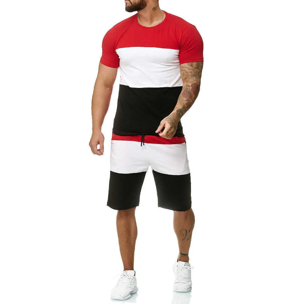 Vêtements pour hommes été Patchwork survêtement à manches courtes 2 pièces vêtements d'entraînement de sport hommes Shorts ensemble t-shirt et ensemble de shorts 210806