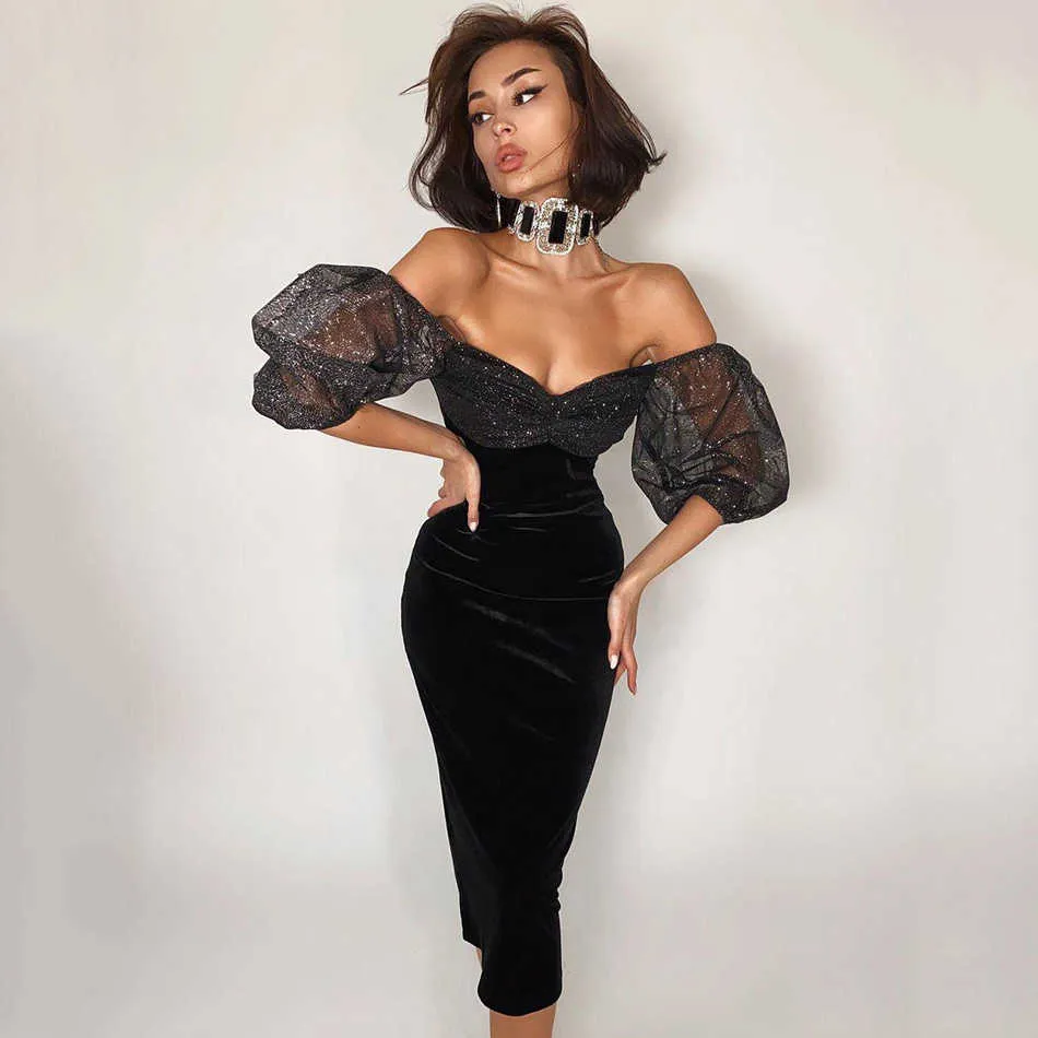 Women'S Black Dress Sexy Off-Shoulder Sparkling Tulle Stitching Design Puff Sleeve Celebrity Party Velvet Vestido 210527