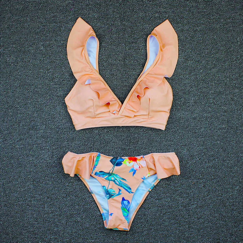 Sexy Bikini-Druck-Blumenbadebekleidung Frauen Schnürung Niedrige Taille Bikinis Set Push Brasilianischer Badeanzug Rüsche Badeanzug L 210621