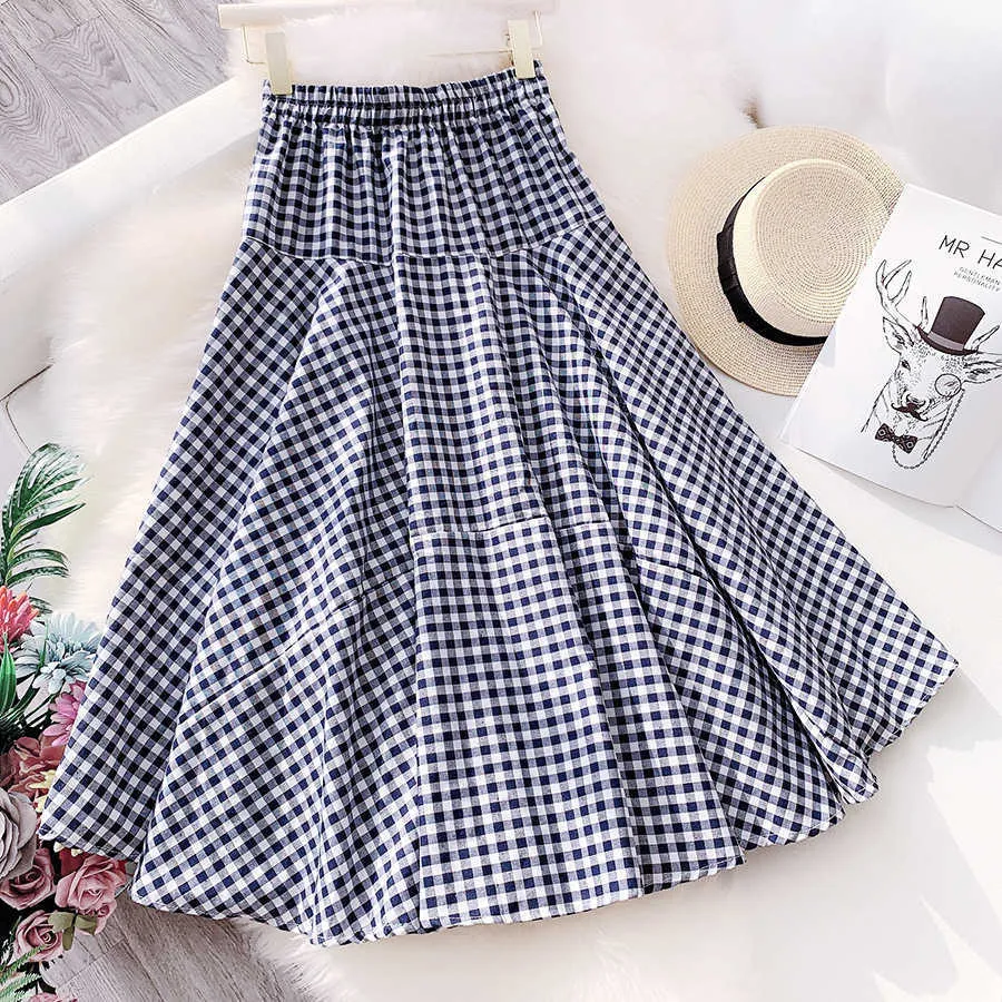 Qooth Plaid Skirt's Summer Beach Long High Elastic Waist Big Hem Flare Cotton Blend Women Jupe QH2301 210621