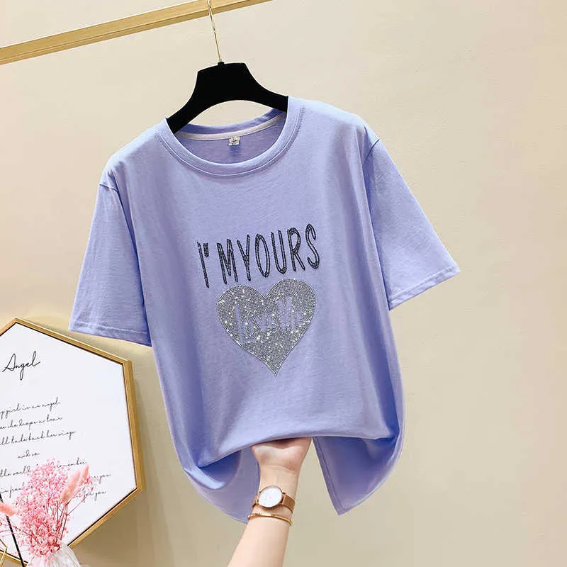 Sommar Plus-Store Kvinnors Kortärmad T-shirt Top Loose Casual Short Sleeve O Neck Brev Diamond Harajuku Bomull T-shirt Tees 210604