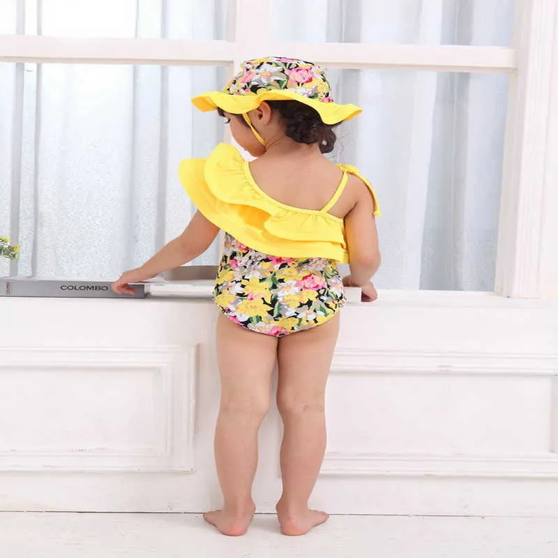 Sommer Baby Mädchen Bademode Schöne Gelbe Blumen Badeanzüge + Hut Kinder Mode Schwimmen Tragen E06 210610