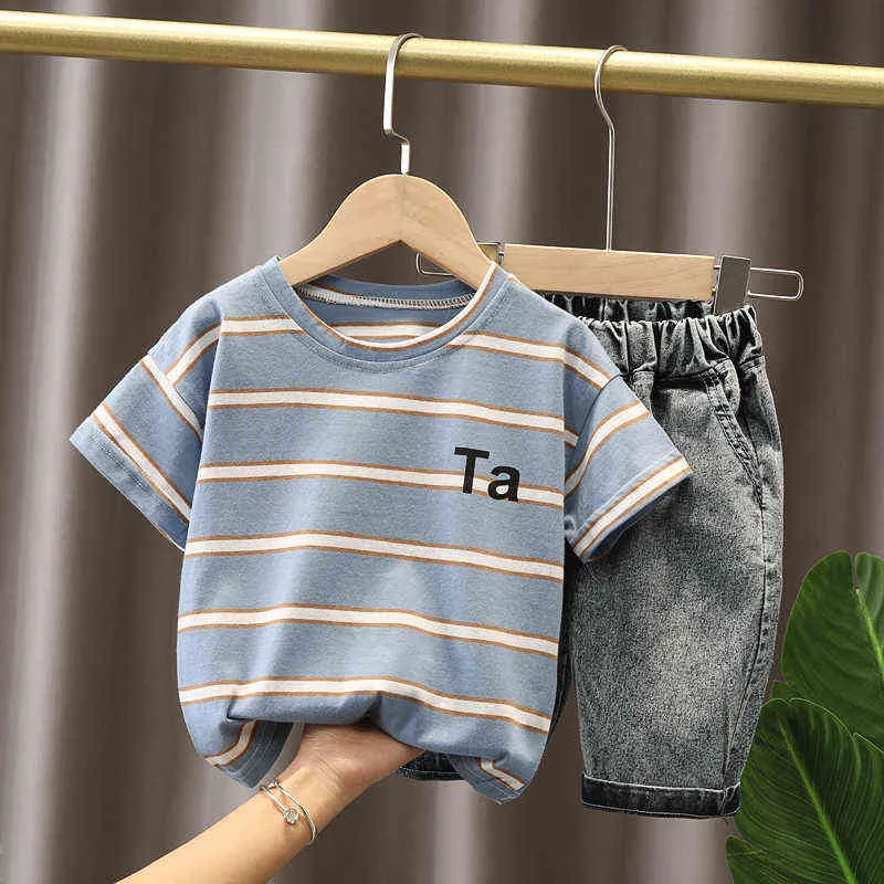 New Kids Clothes Suit Summer Children Boys Cotton Stripe T Shirt+Denim Shorts /sets Baby Toddler Clothing Infant 1-5 Years G220310