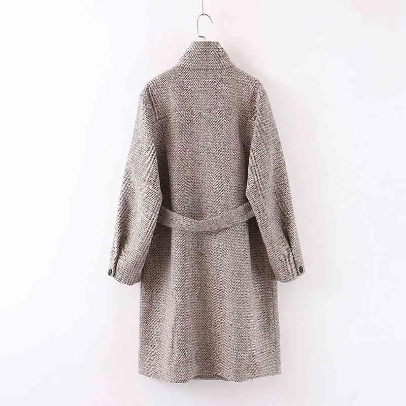 Abrigo de lana elegante para mujer, abrigo largo suelto a rayas a la moda para mujer, abrigo informal con fajas de botones para mujer, chaqueta elegante para chica 210427