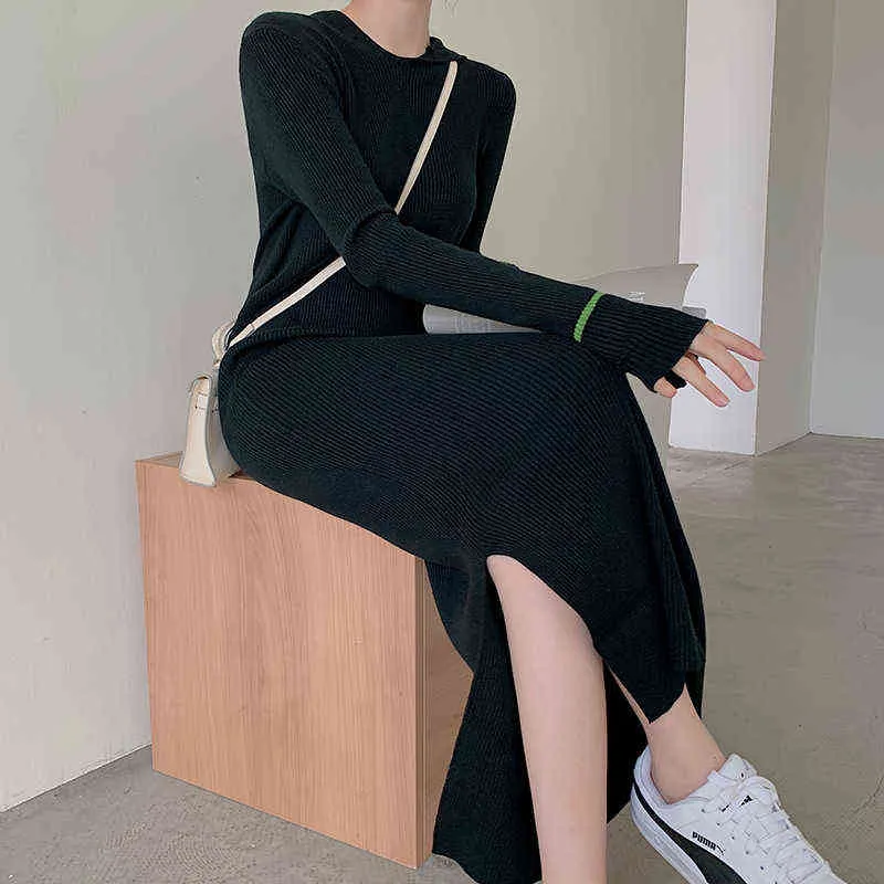 2021 autumn and winter new Korean wear finger long hooded sweater bottoming dress slim knitting needle over-the-knee dress women Y1204