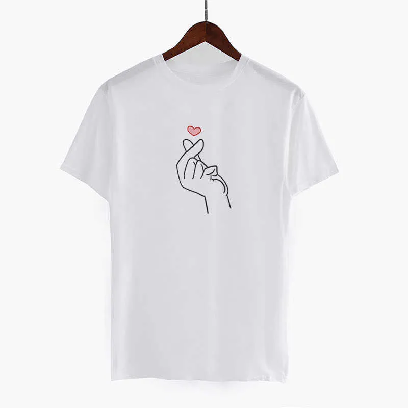 Été haut pour femme Style Kpop doigt coeur imprimé col rond à manches courtes Ulzzang t-shirts Harajuku mode t-shirt Couple vêtements X0527