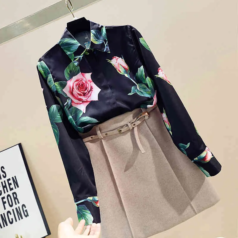 Printemps automne femmes chemise à manches longues Rose fleur chemise nouvelle mode tout-match imprimé hauts Blouse femmes GD587 210323
