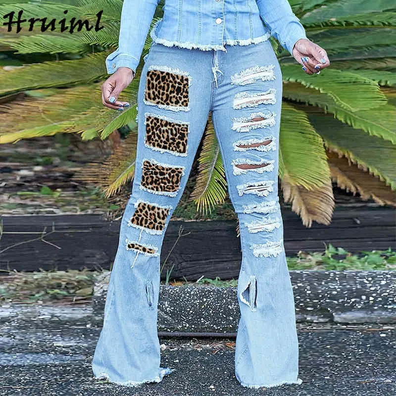 Jeans Knopfleiste mit Reißverschluss Lässige Mode Ankunft Frauen Bottoms Hosen Leopard Stitching Hole Plus Size Spodnie Damskie 210513