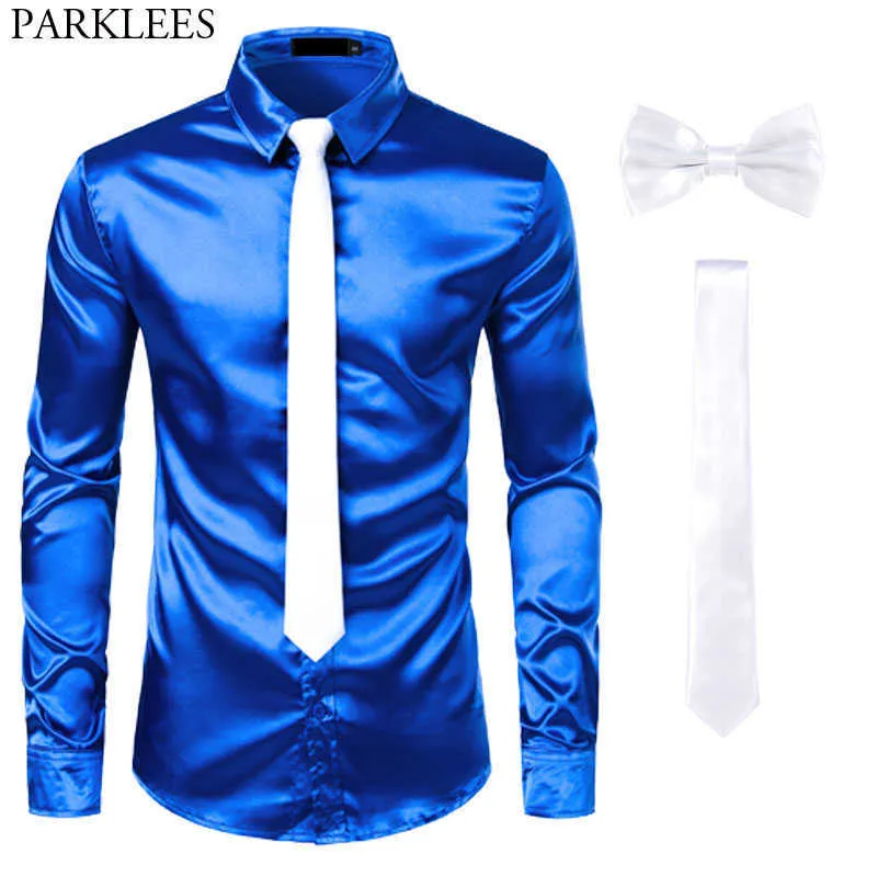 Schwarze Herren Seidenhemden 3 Stück Hemd + Krawatte + Fliege Glattes Satinhemd Männer Slim Fit Party Prom Freizeithemden Männer Social Camisa 210629