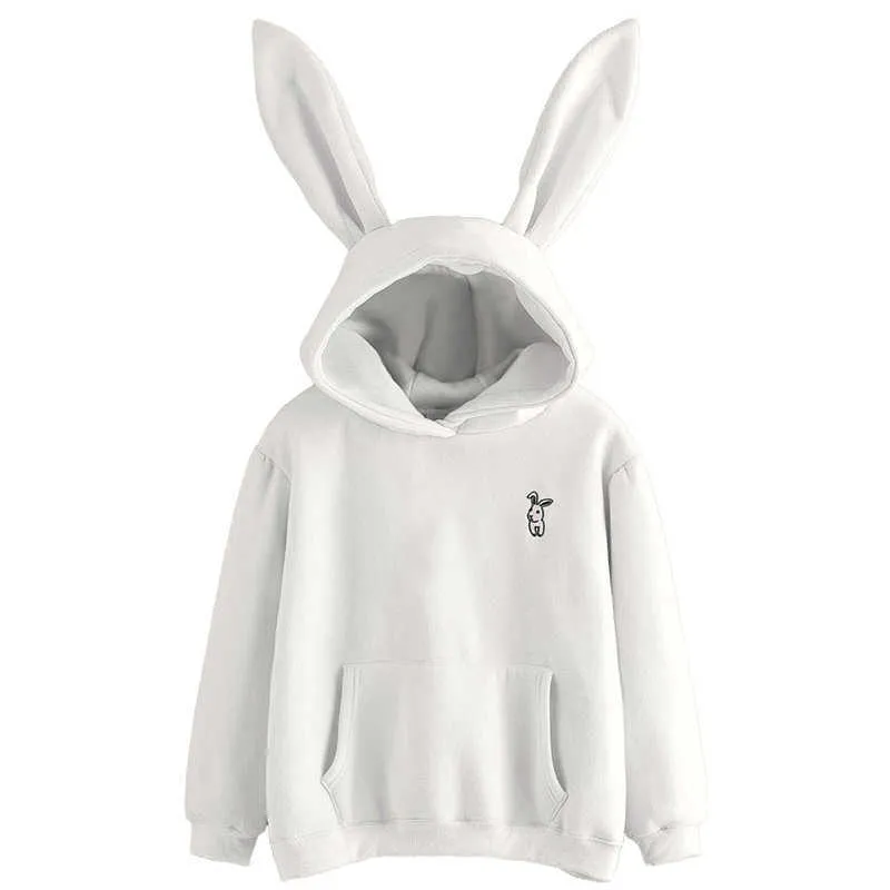 QRWR Autumn Winter Women Hoodies Kawaii Rabbit Ears Fashion Hoody Casual Solid Color Warm Sweatshirt Hoodies For Women 210928