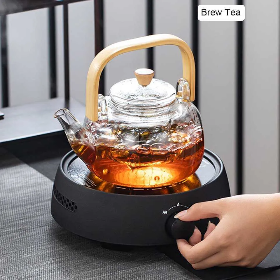 BORREY Handle Glass Teapot Heat-Resistant Flower Tea Kettle Large Clear Fruit Juice Container Ceramic Holder Base 210724
