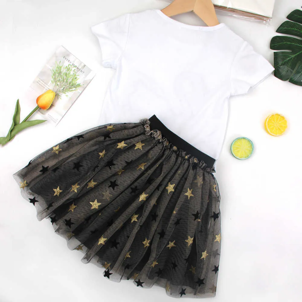 Barnkläder 2021 Sommar Toddler Girls Kläder Swan T-shirt + Star Mesh Skirt Outfit Kids Tracksuit för tjejer Sets X0902