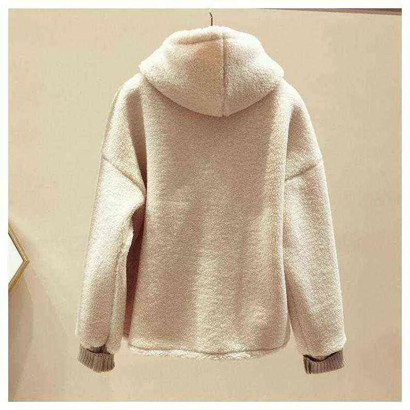 Winter Apricot Lamb Wool Women Hoodie Sweatshirt Harajuku Fake Two Knitted Collar Coat Lady Embroidery Letter Whate Yer Pullover 211109