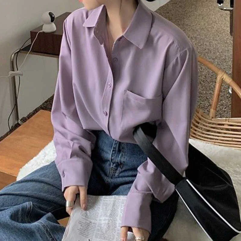 Aeleagntmis Vintage Office Lady Blusa Mujeres Coreanas Camisas Suaves Primavera Elegante Chic Flojo Manga Larga Tops Púrpura es OL 210607