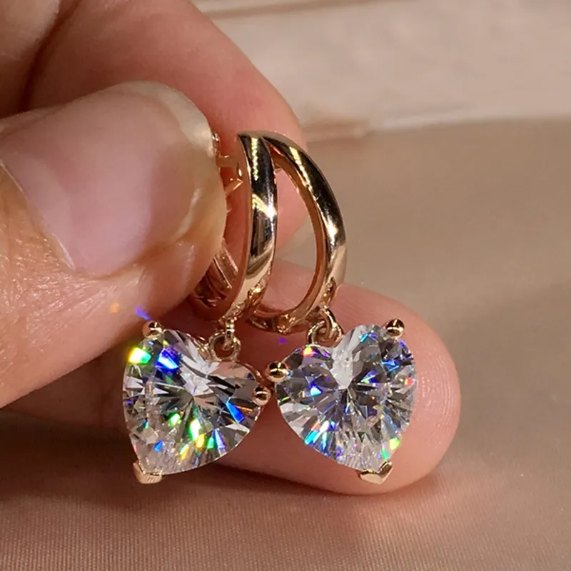 Encantadores pendientes de aro de oro rosa de 18 quilates en forma de corazón CZ cristal diamante colgante joyería regalo para mujeres niñas