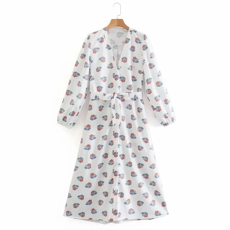 Spring Women Flower Printing V Neck Sashes Midi Dress Female Three Quarter Sleeve Clothes Casual Lady Loose Vestido D7353 210430