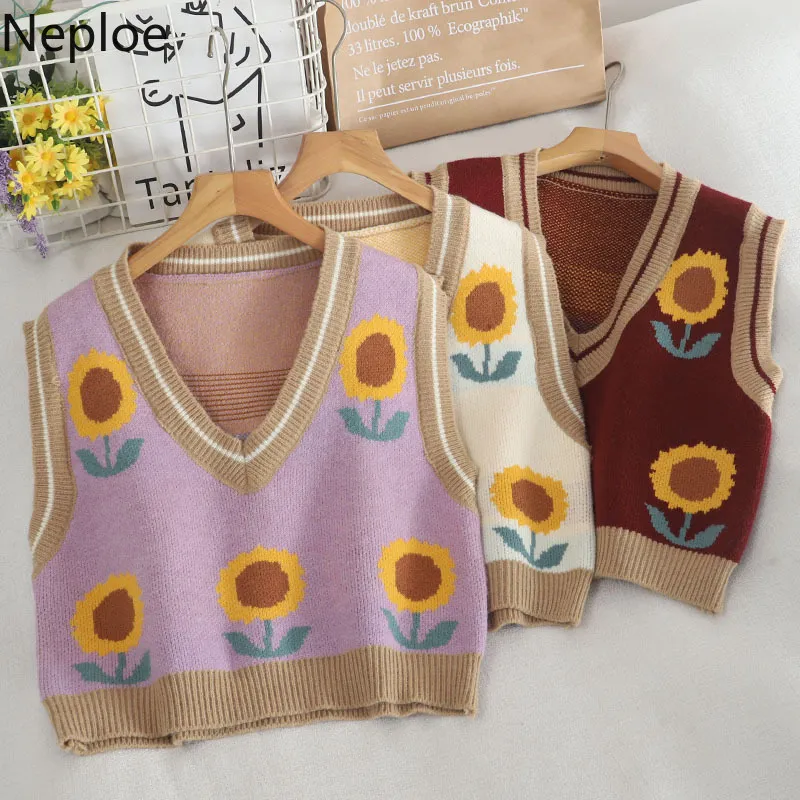 Neploe Frau Kleidung Pullover Weste V-ausschnitt Ärmellose Häkeln Floral Gestrickte Pullover Weste Lose Kurze Tank Tops Femme 210422