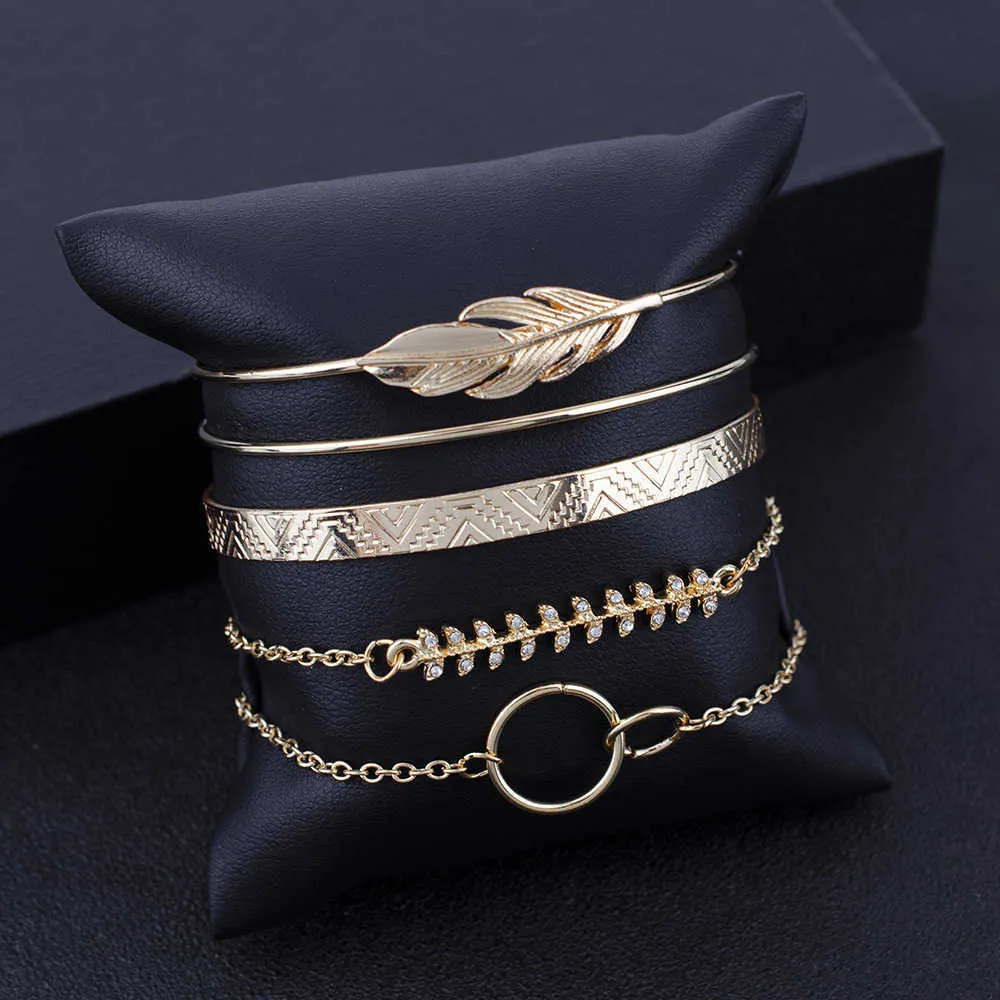 Vintage Böhmische Blatt Offene Armbänder Strass Kreis Mehrere Stile Metall Kette für Frauen Mode Armreifen Schmuck Q0719