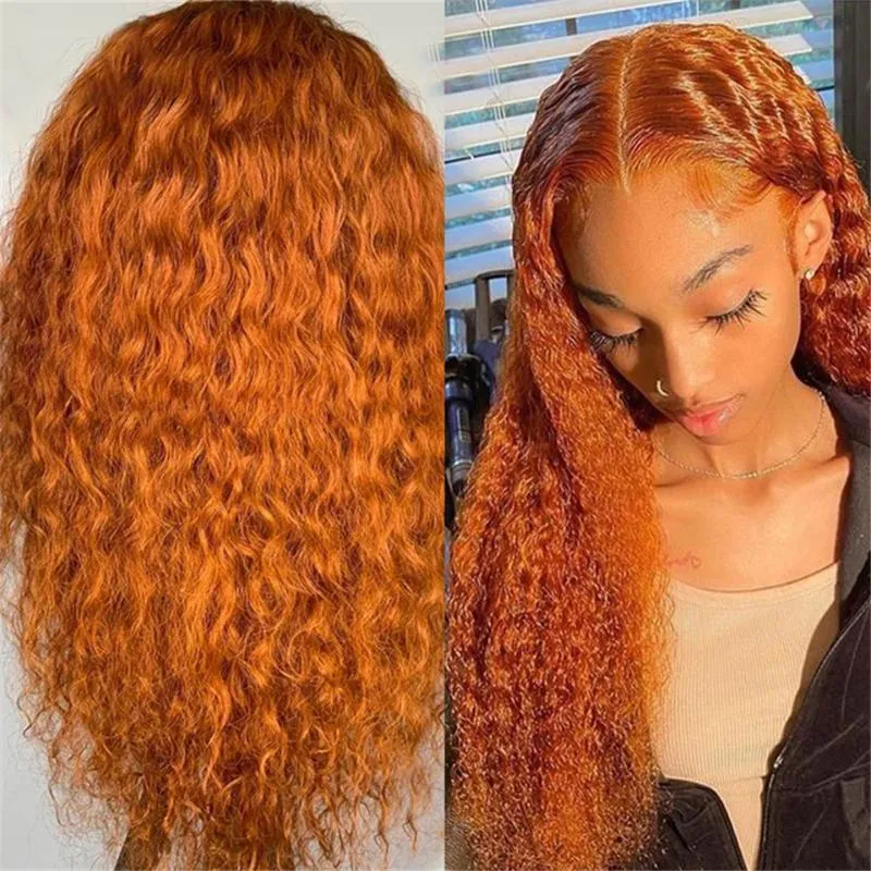 150女性のための高密度のフロントウィッグベビーヘアYnthetic Wigs Orange Color Red Long Curly Hair Middle Part耐火2194491