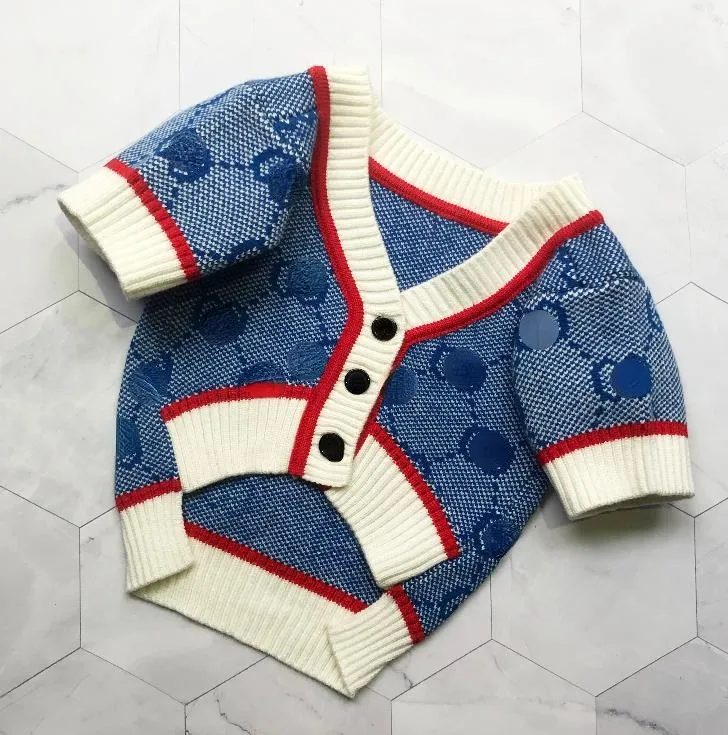 Classic Design Pet Clothes Dog Autumn Winter Blue Knitted Cardigan Thickened Sweater