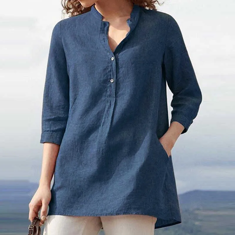 Damen Hemd Baumwolle Leinen V-Ausschnitt Bluse Solide Taschenhemden Lässige 3/4 Ärmel Herbst Lose Blusen Weibliche Tunika Tops 210721