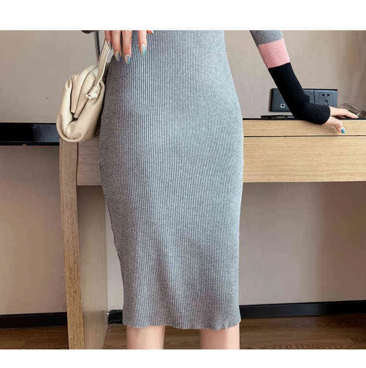 2019 New Fall Winter Sweater Dress Women Fashion V-neck Full Sleeve Color Patchwork Sheath Knitted Dress Vestidos Female G1214