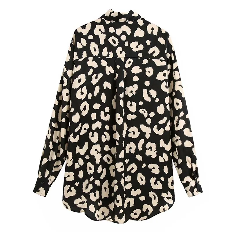 Elegant Lapel Black Beige Leopard Print Mid Long Silk Shirt Retro Woman sleeve OL Blouse Satin Tops Blousas 210429