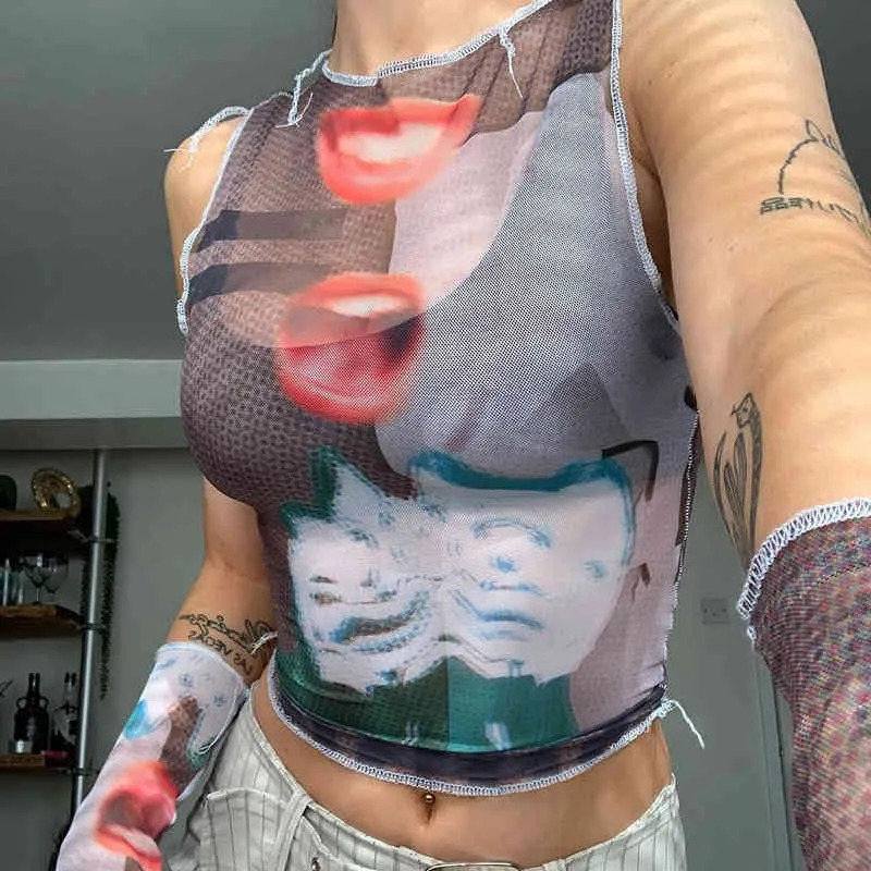 手描きの印刷されたy2k作物タンクトップグローブ夏の女性のTシャツガールファッショングラフィックティープルオーバーストリートウェア210510