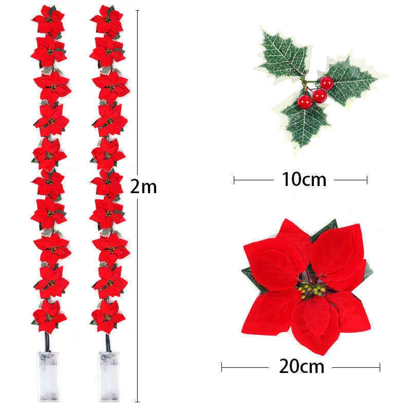 2m 10led julkonstgjorda Poinsettia Blommor Garland String Lights Holly Leaves Xmas Tree Ornament Jul Heminredning 211104