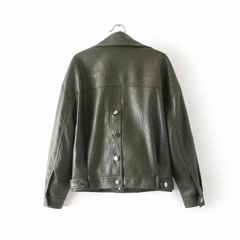 women faux leather jacket women long sleeve green PU coat Streetwear Punk motorcycle jacket casual ladies outwear 211110